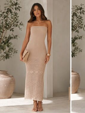 Et Clet Beige Knit Strapless Midi Dress Crochet Open Knit Hem Size Small